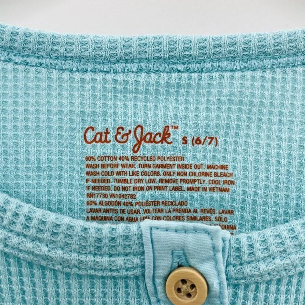Cat & Jack Girls Small 6/7 Short Sleeve Waffle Henley Shirt‎ Turquoise Blue 1501